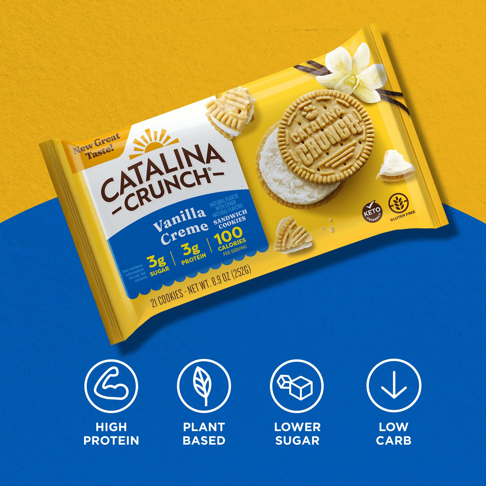 Vegan-friendly Catalina Crunch Vanilla Creme cookies for plant-based snacking