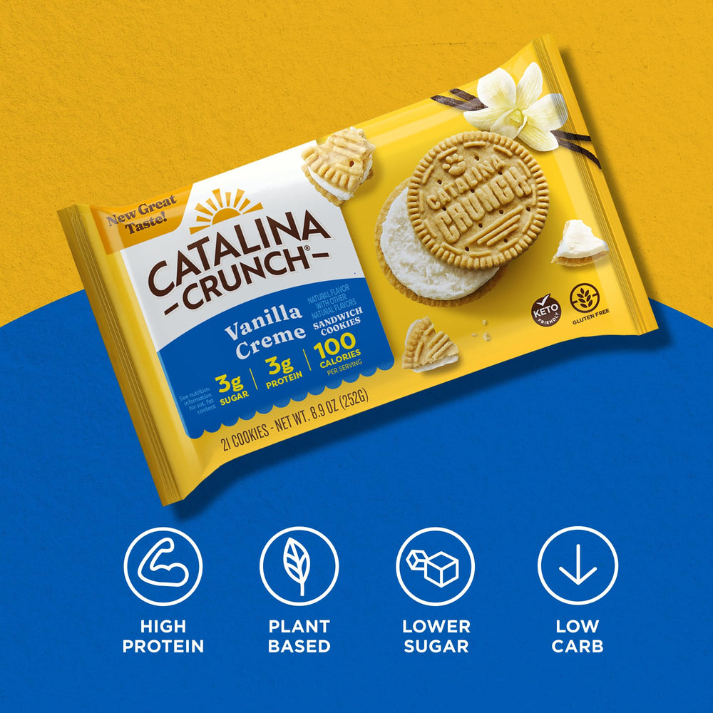 Vegan-friendly Catalina Crunch Vanilla Creme cookies for plant-based snacking