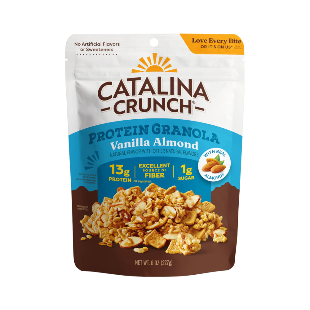 Catalina Crunch Protein Granola Vanilla Almond bag showing 13g protein per serving for breakfast