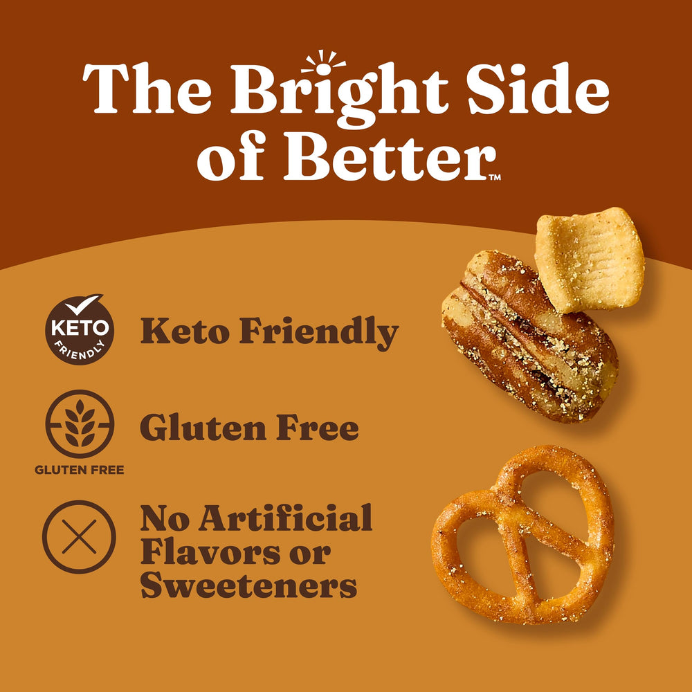 Catalina Crunch protein snack mix close-up showing 8g protein per serving