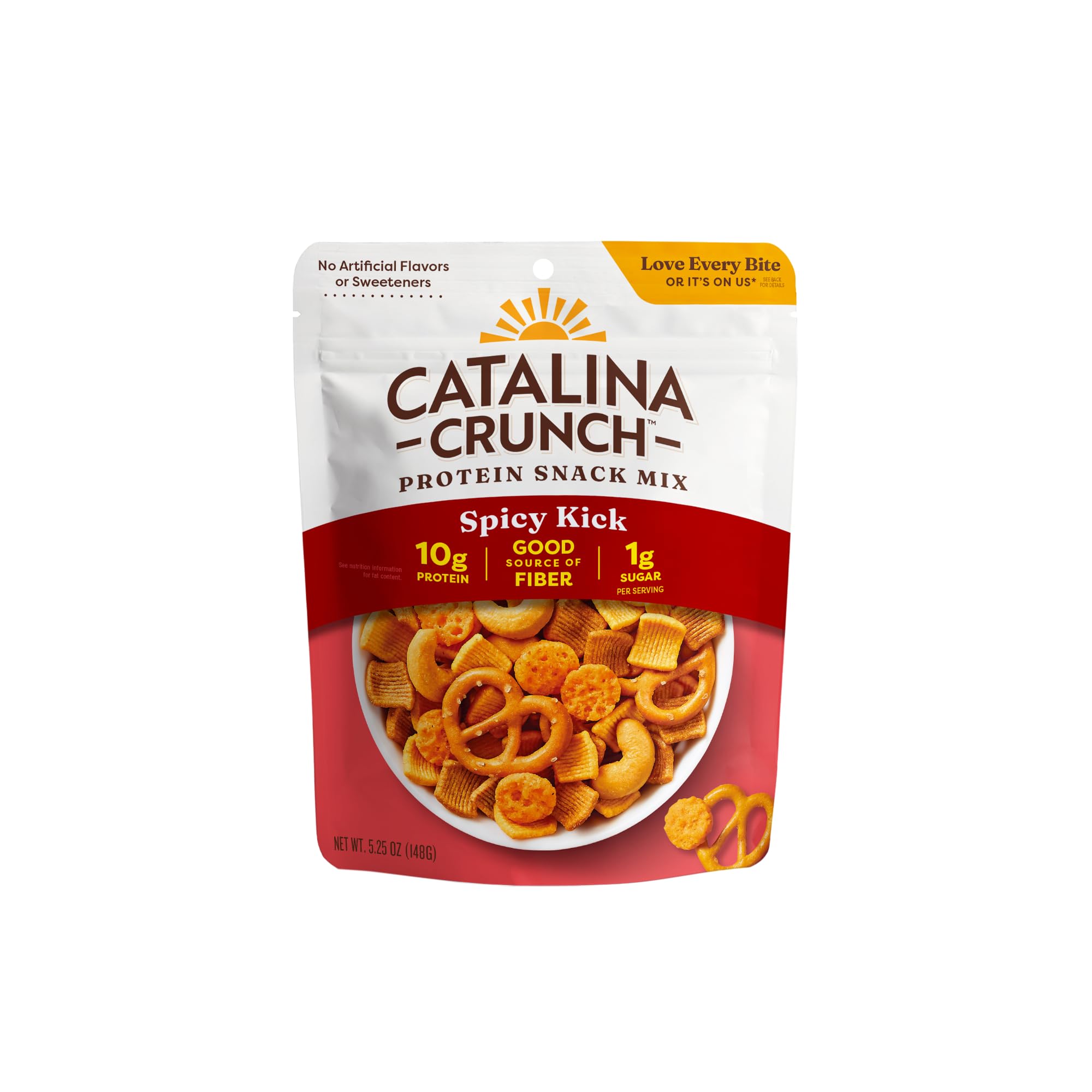 Catalina Crunch protein snack mix with cheese crisps on front of resealable bag for on-the-go protein