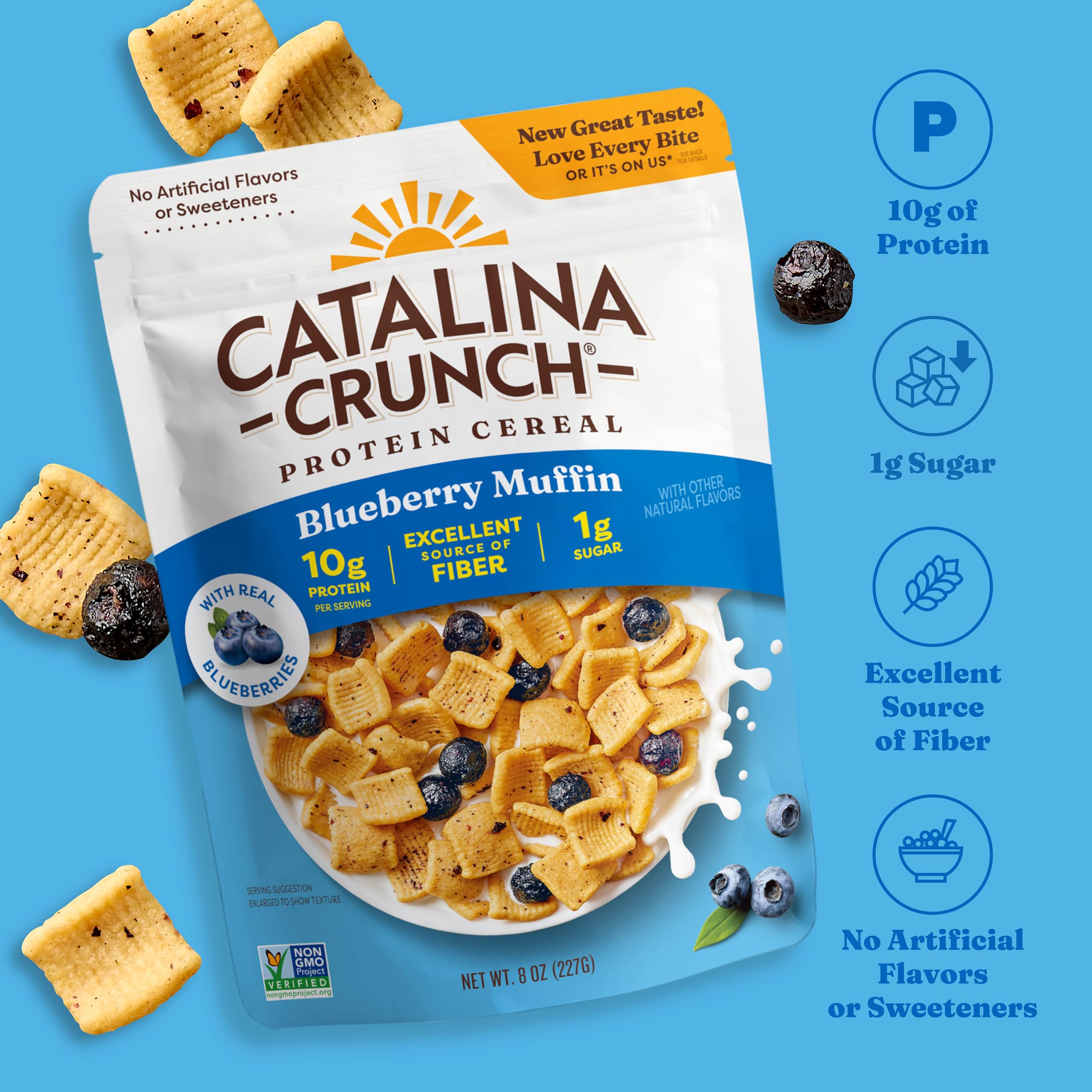 Catalina Crunch real blueberries highlight flavor in the blueberry muffin cereal.