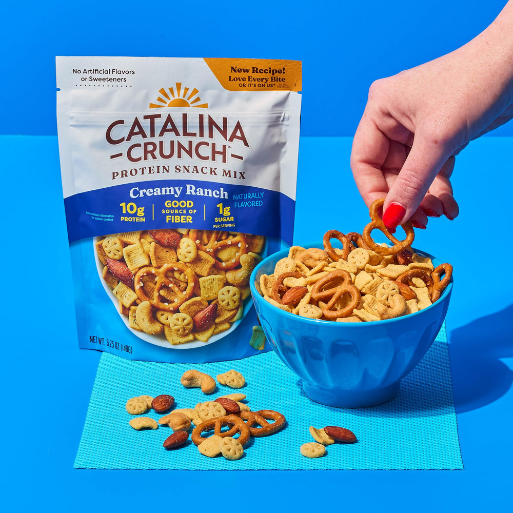 Catalina Crunch resealable bag packaging, keeps crunch fresh between uses.
