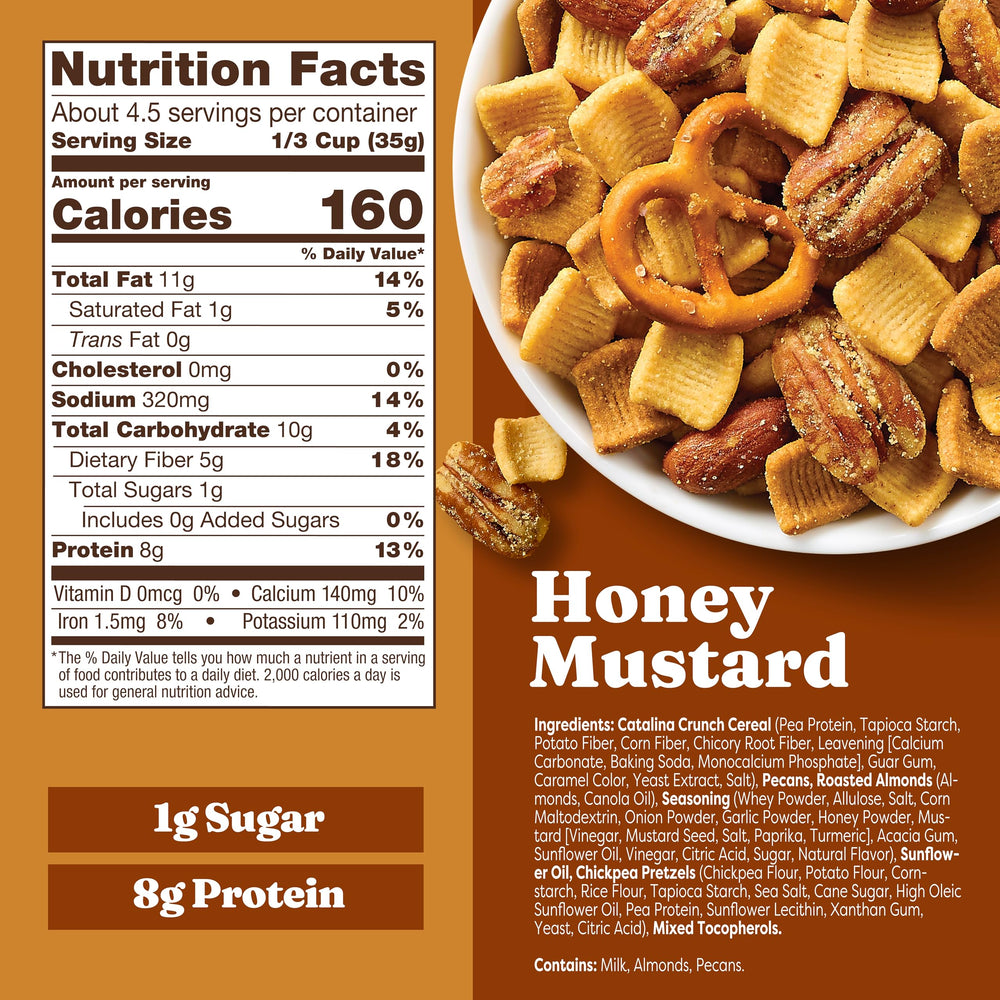 Catalina Crunch snack mix with chickpea pretzels close-up, showcasing protein-rich texture