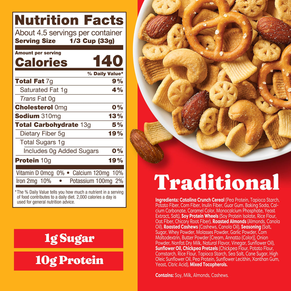 Catalina Crunch snack mix ingredients close-up with soy crisps and cashews