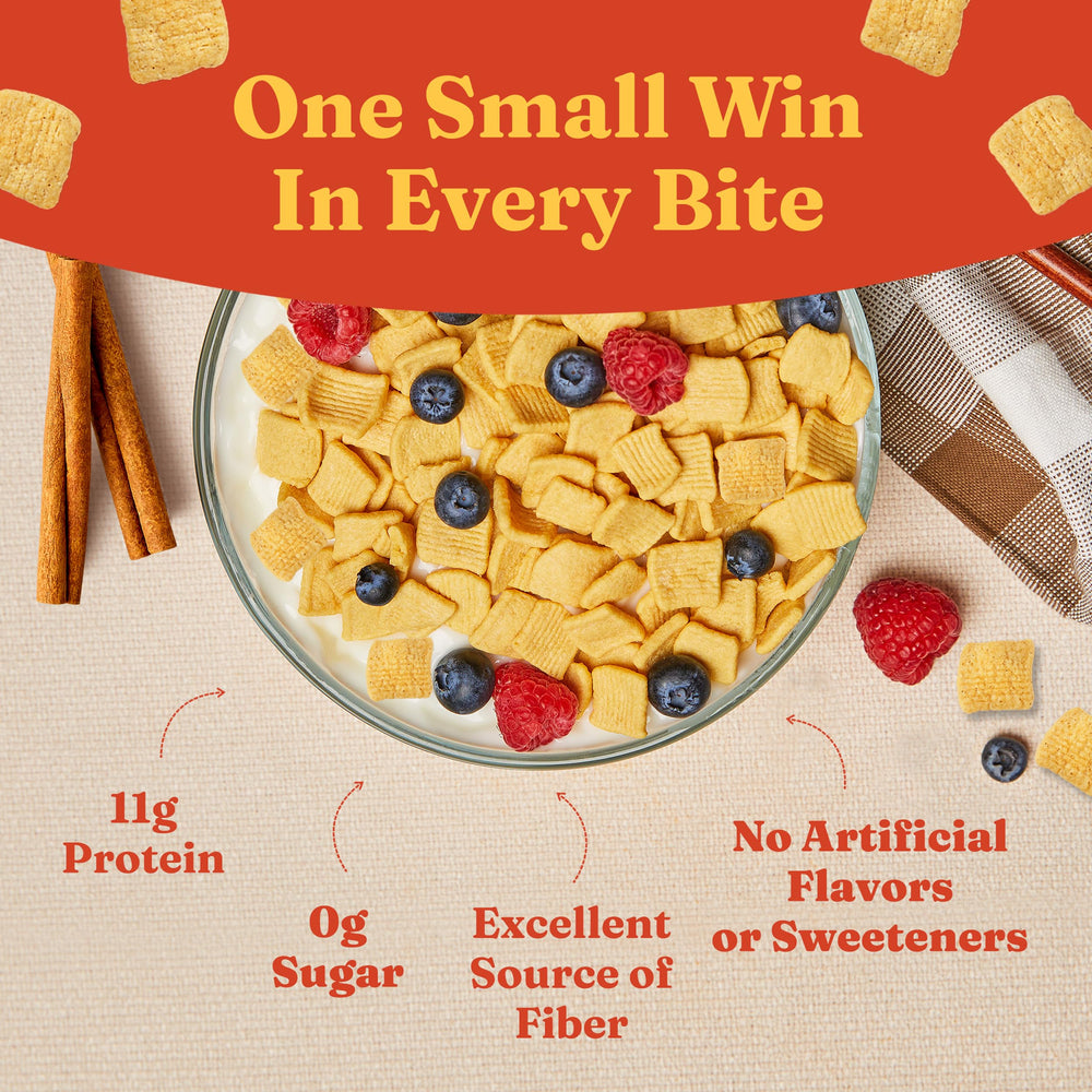 Pouring Catalina Crunch protein cereal from a spoon, highlighting 11g protein per serving.