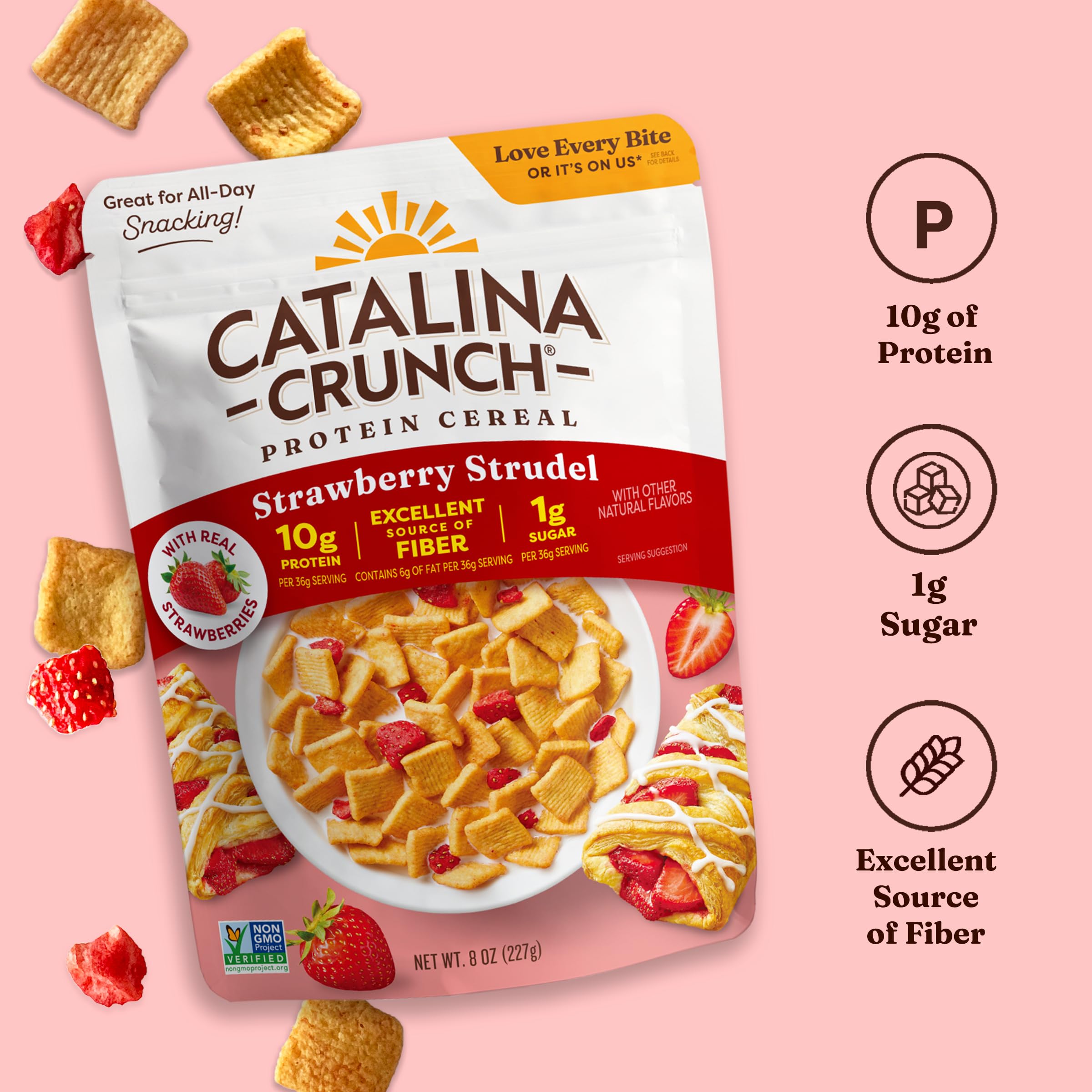 Close up of Catalina Crunch Strawbrry Strudel cereal flakes in a transparent bowl