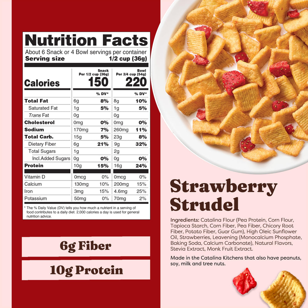 Pouring Catalina Crunch Strawbrry Strudel into milk for quick breakfast
