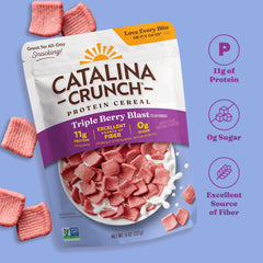 Serving Catalina Crunch Triple Berry Blast shows fiber-rich breakfast