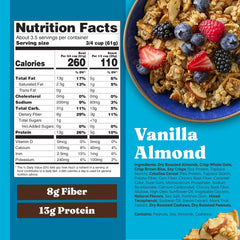 Close-up of vanilla almond cereal crisps highlighting gluten-free, lower-sugar profile and real ingredients