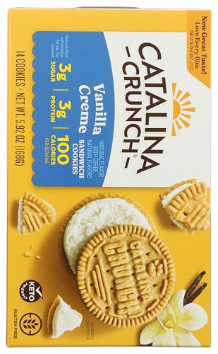 Catalina Crunch Vanilla Creme Sandwich Cookies vegan natural ingredients highlighted; plant-based snack with protein benefits.