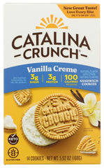 Catalina Crunch Vanilla Creme Sandwich Cookies pack; keto-friendly, low sugar snack for busy days.