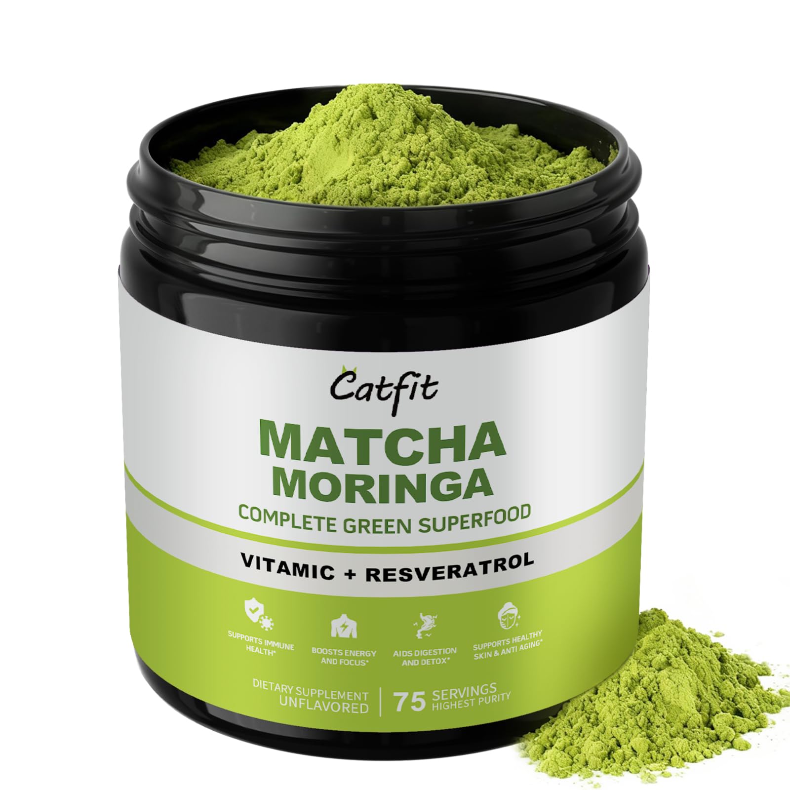 Catfit Matcha powder bottle highlights smooth energy and focus for daily routines.