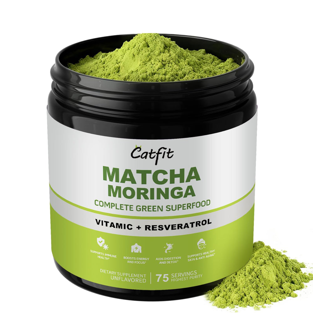 Catfit Matcha powder bottle highlights smooth energy and focus for daily routines.
