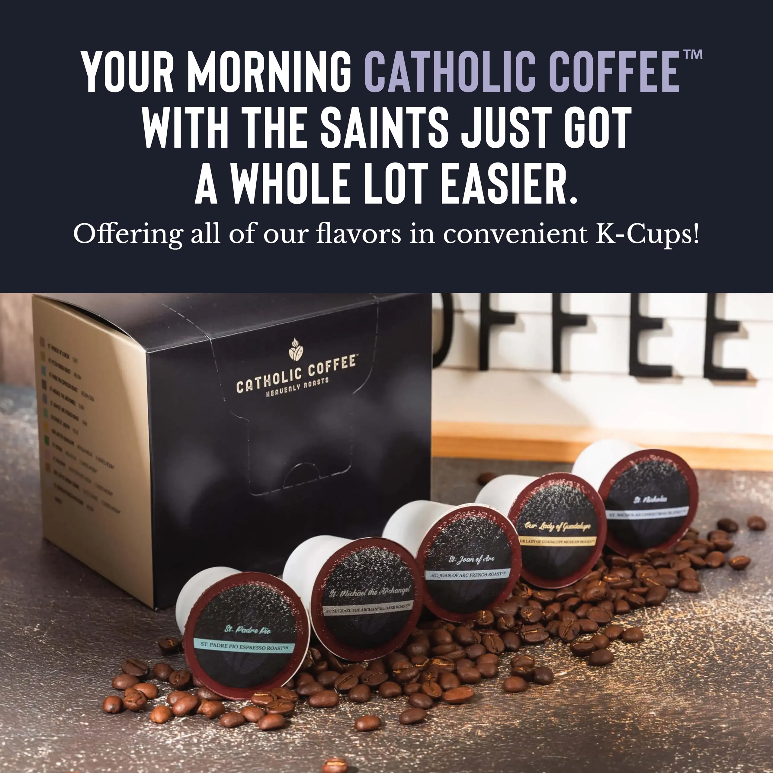 Catholic Coffee St. Patrick 12oz bag on kitchen counter for home use.