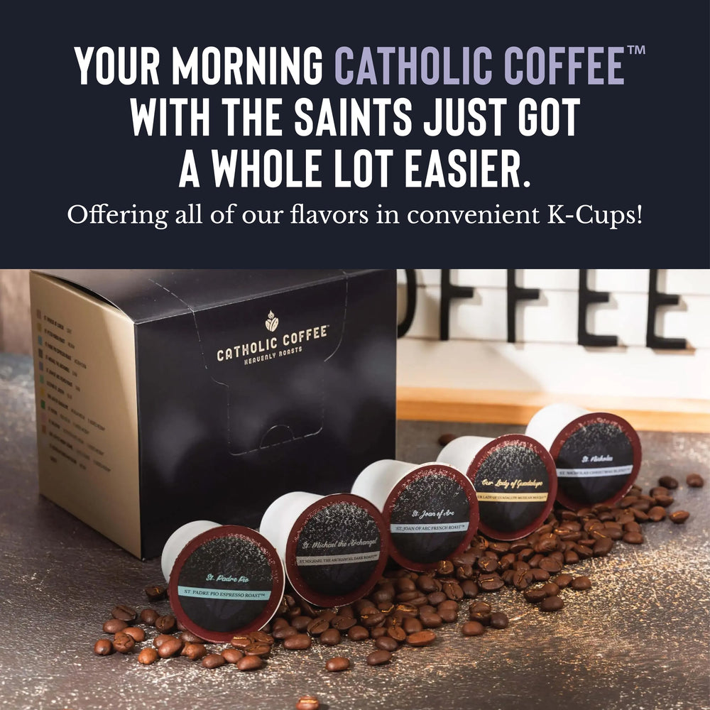 Catholic Coffee St. Patrick 12oz bag on kitchen counter for home use.