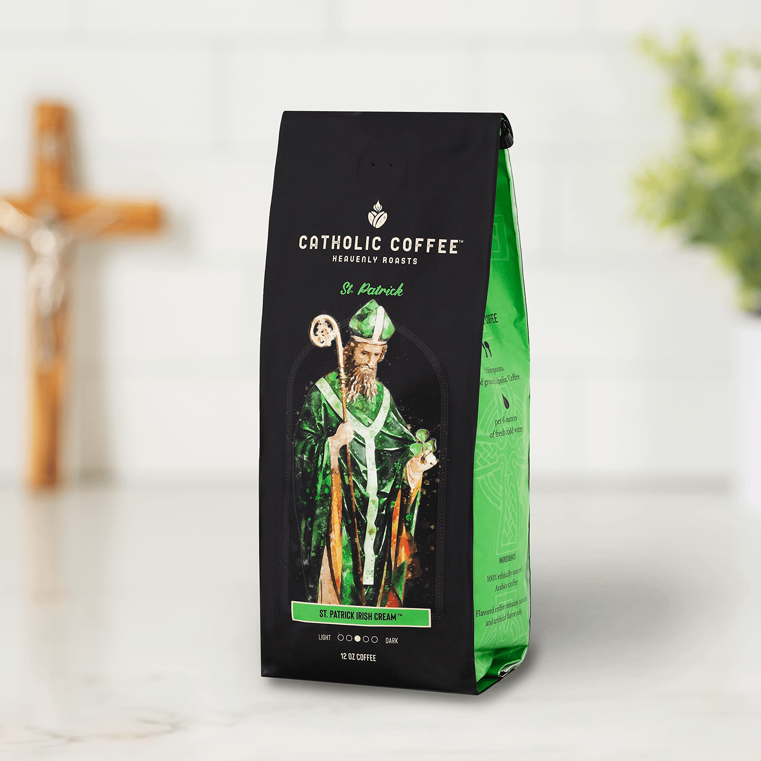 Catholic Coffee St. Patrick bag back showing origin and notes.