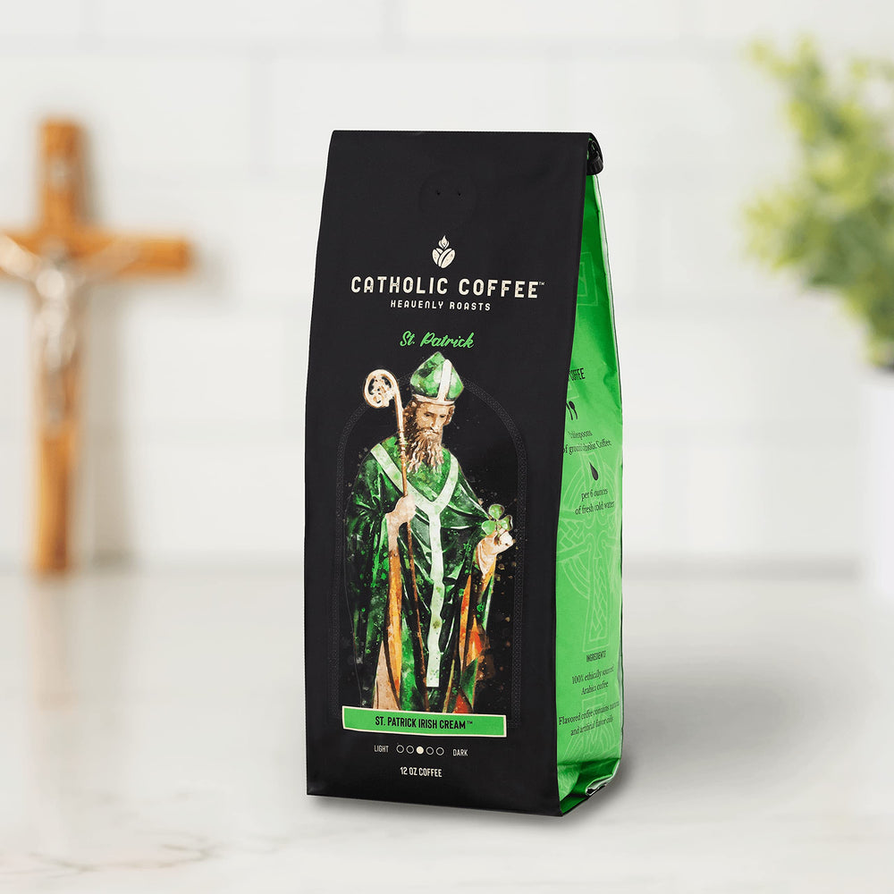 Catholic Coffee St. Patrick bag back showing origin and notes.