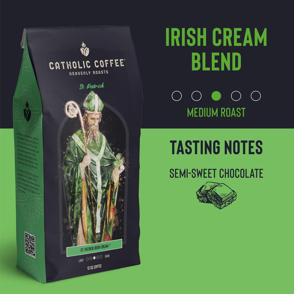 Catholic Coffee St. Patrick cup steaming with Irish cream aroma.