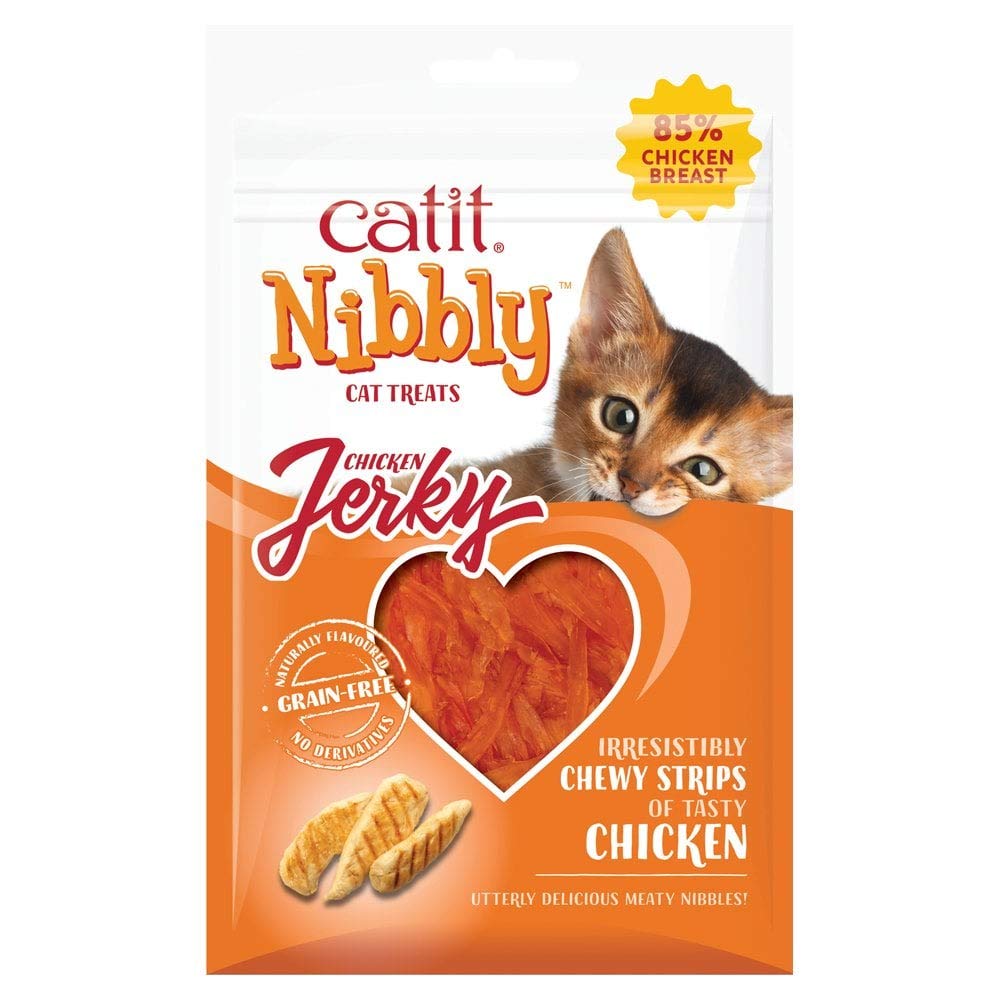 Catit Nibbly Jerky chicken strips demonstrate soft texture for easy chewing and enjoyment.