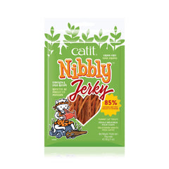 Catit Nibbly Jerky resealable bag showing grain-free, low-calorie treats.