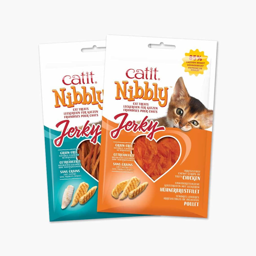 Catit Nibbly Jerky resealable bag keeps treats fresh for rewarding sessions.