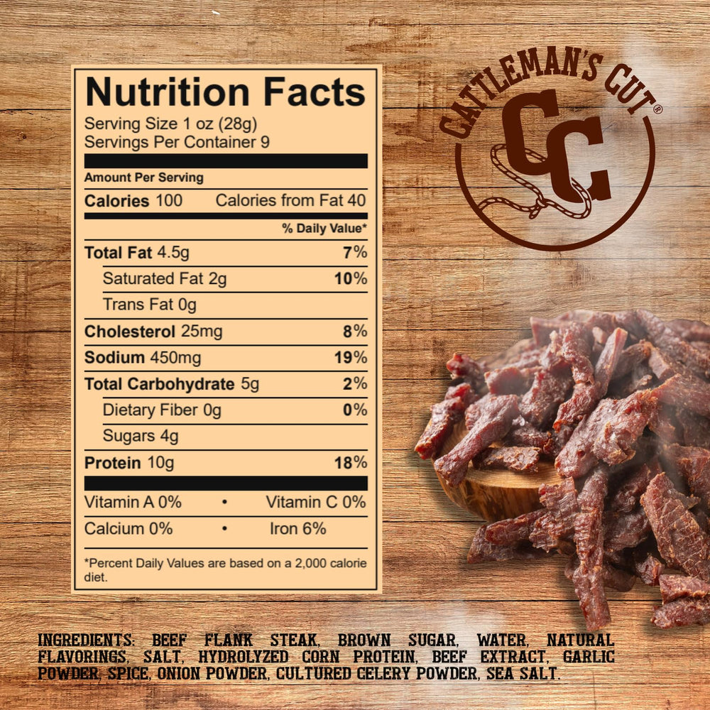 Cattleman’s Cut flank jerky close-up shows thick slices and premium quality.