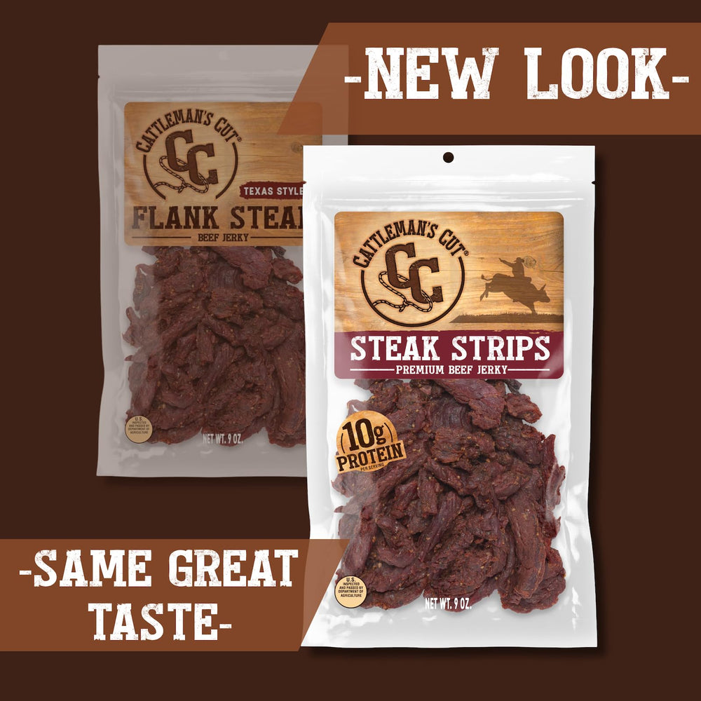 Cattleman’s Cut jerky front view packaging highlights value-sized resealable bag.
