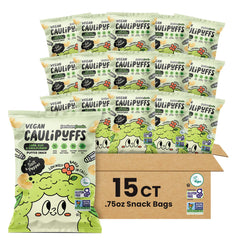 CauliPuffs bag open reveals light, gluten-free snacks ideal for family movie nights.