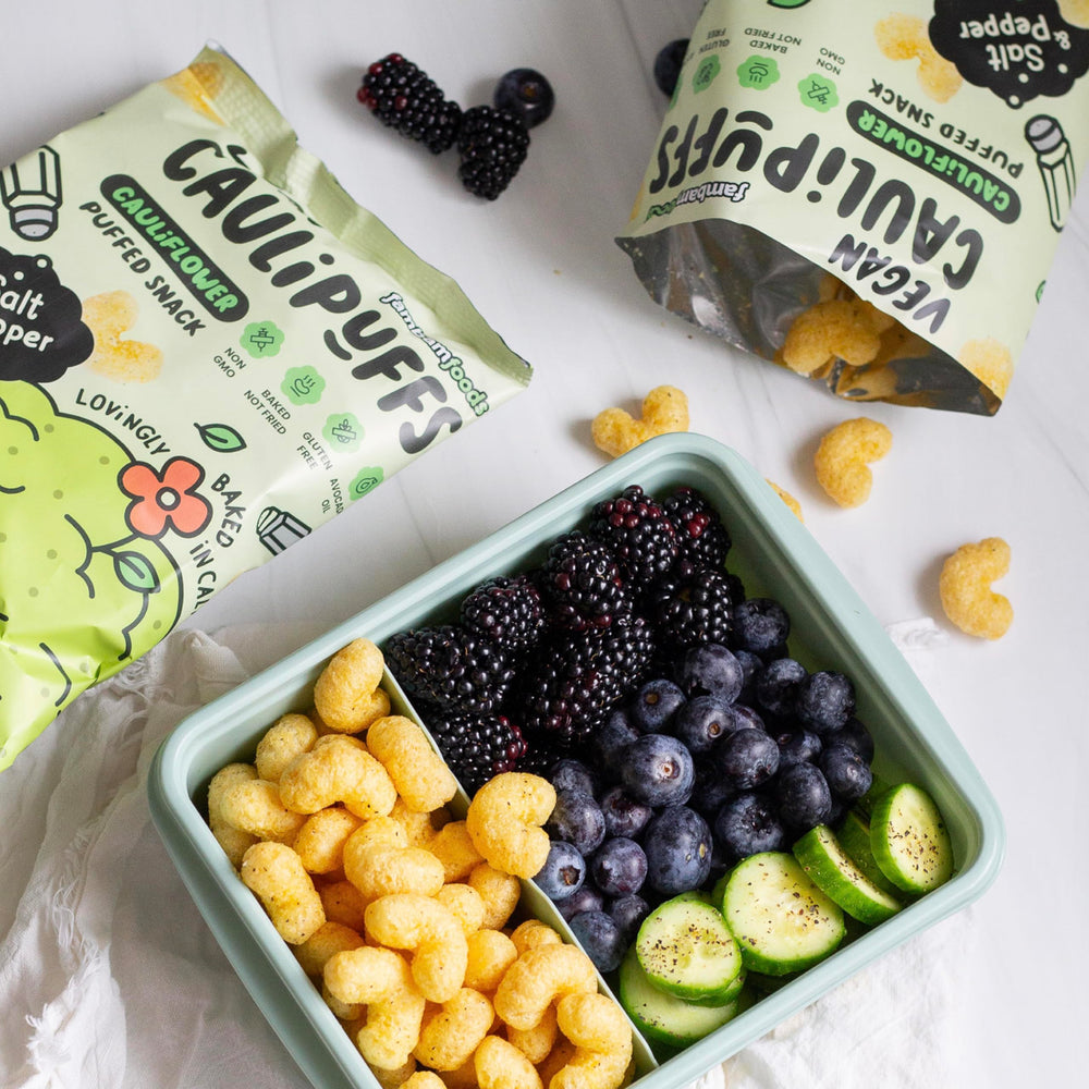 CauliPuffs family-snacking scene showcases snack time versatility for kids and adults.