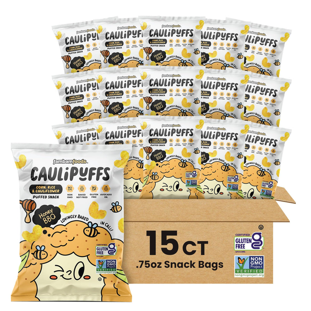 CauliPuffs Honey BBQ bags front — gluten-free snack for on-the-go families.