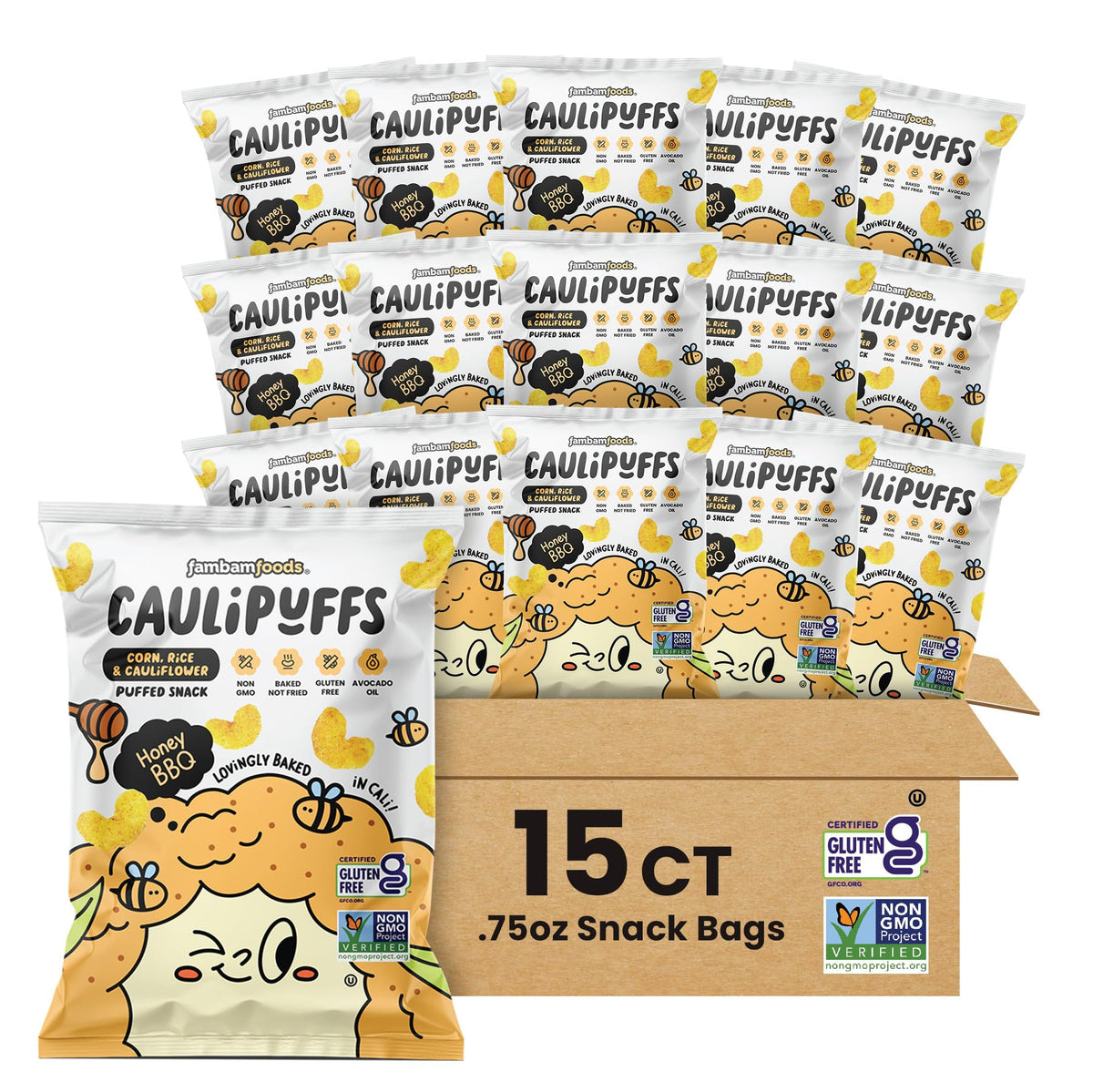 CauliPuffs Honey BBQ bags front — gluten-free snack for on-the-go families.