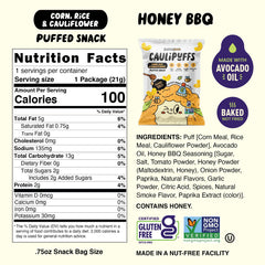 CauliPuffs Honey BBQ closeup crisp — airy texture with cheddar notes for flavorful crunch.