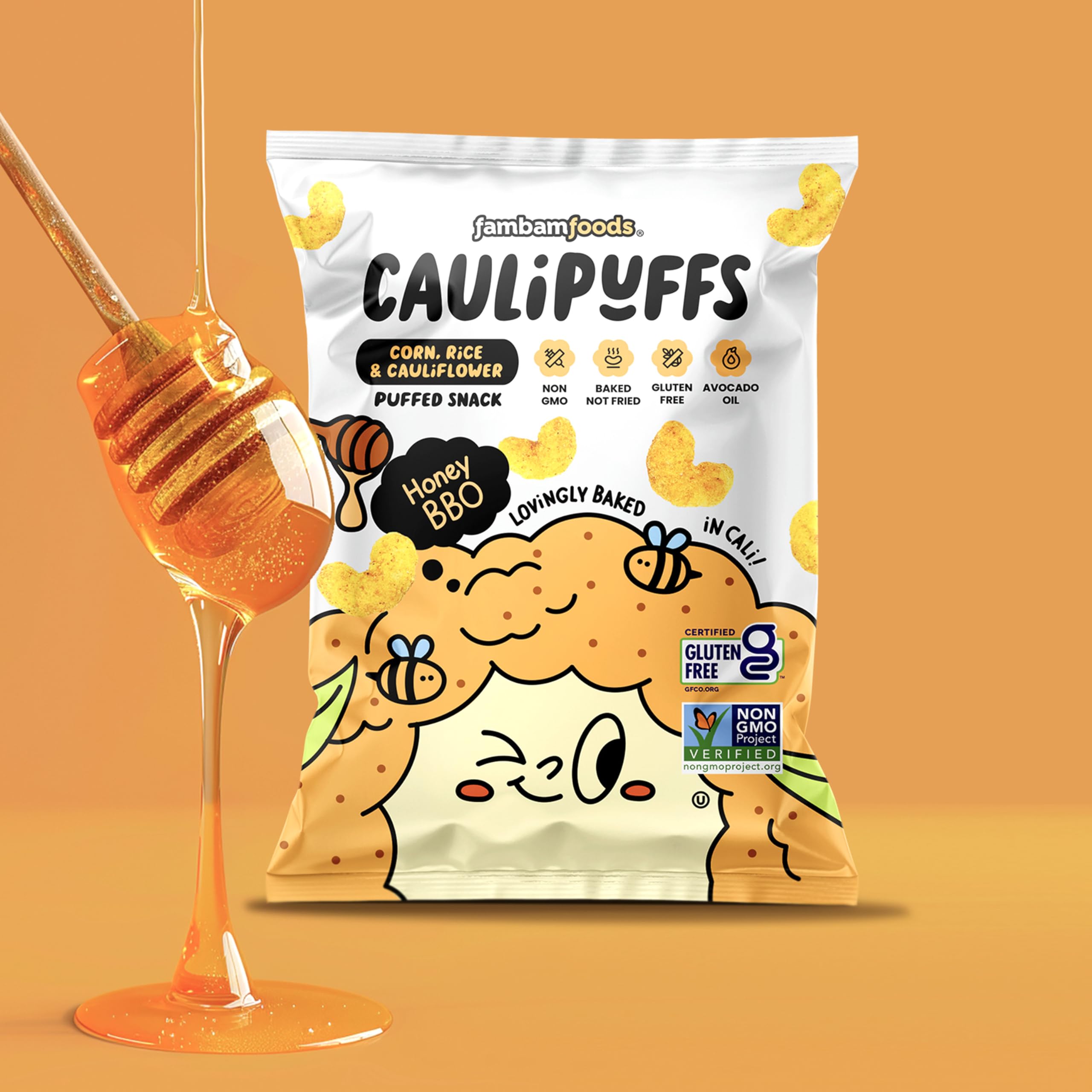 CauliPuffs Honey BBQ texture detail — golden puff with crisp exterior.