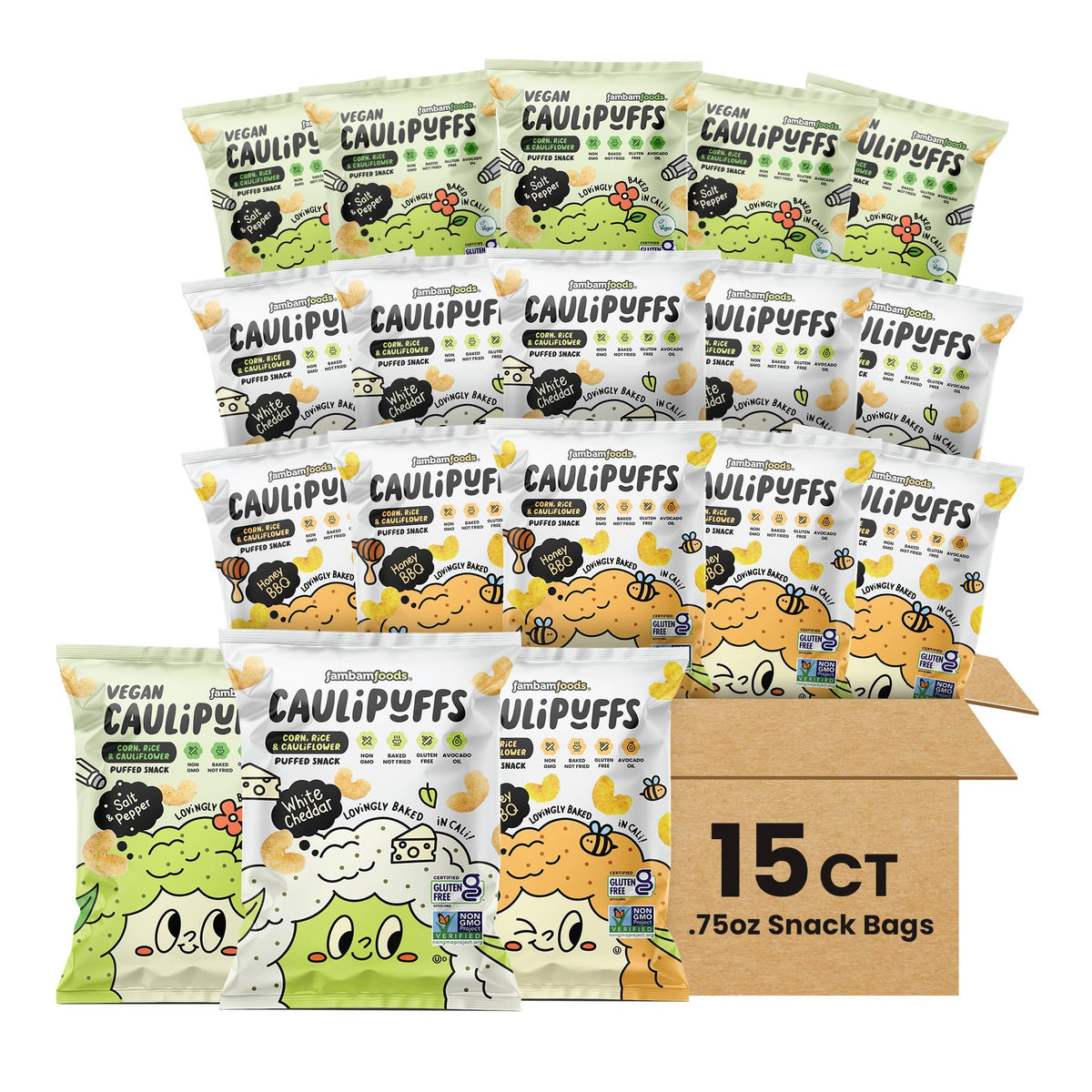 CauliPuffs variety pack bags show crisp, gluten-free munching for the whole family.