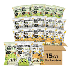 CauliPuffs variety pack bags show crisp, gluten-free munching for the whole family.