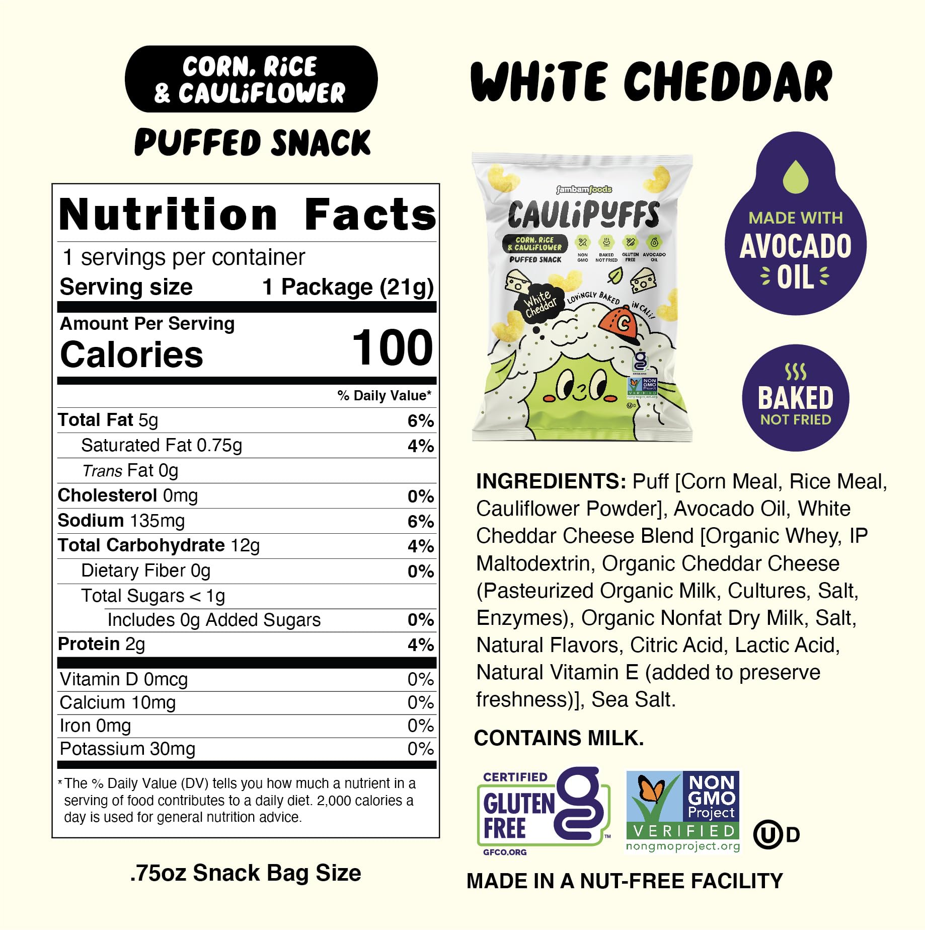 Close-up of Caulipuffs White Cheddar puffs highlighting airy texture and cheesy flavor.