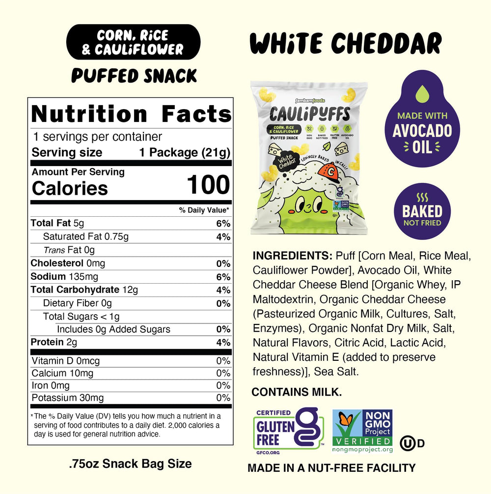 Close-up of Caulipuffs White Cheddar puffs highlighting airy texture and cheesy flavor.