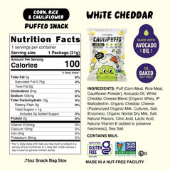 Close-up of Caulipuffs White Cheddar puffs highlighting airy texture and cheesy flavor.