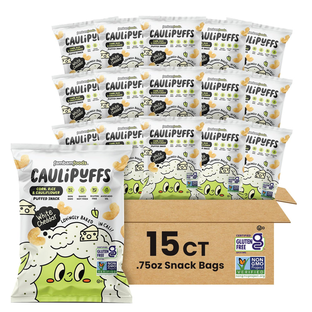 Caulipuffs White Cheddar bag on table shows gluten-free snack convenience.