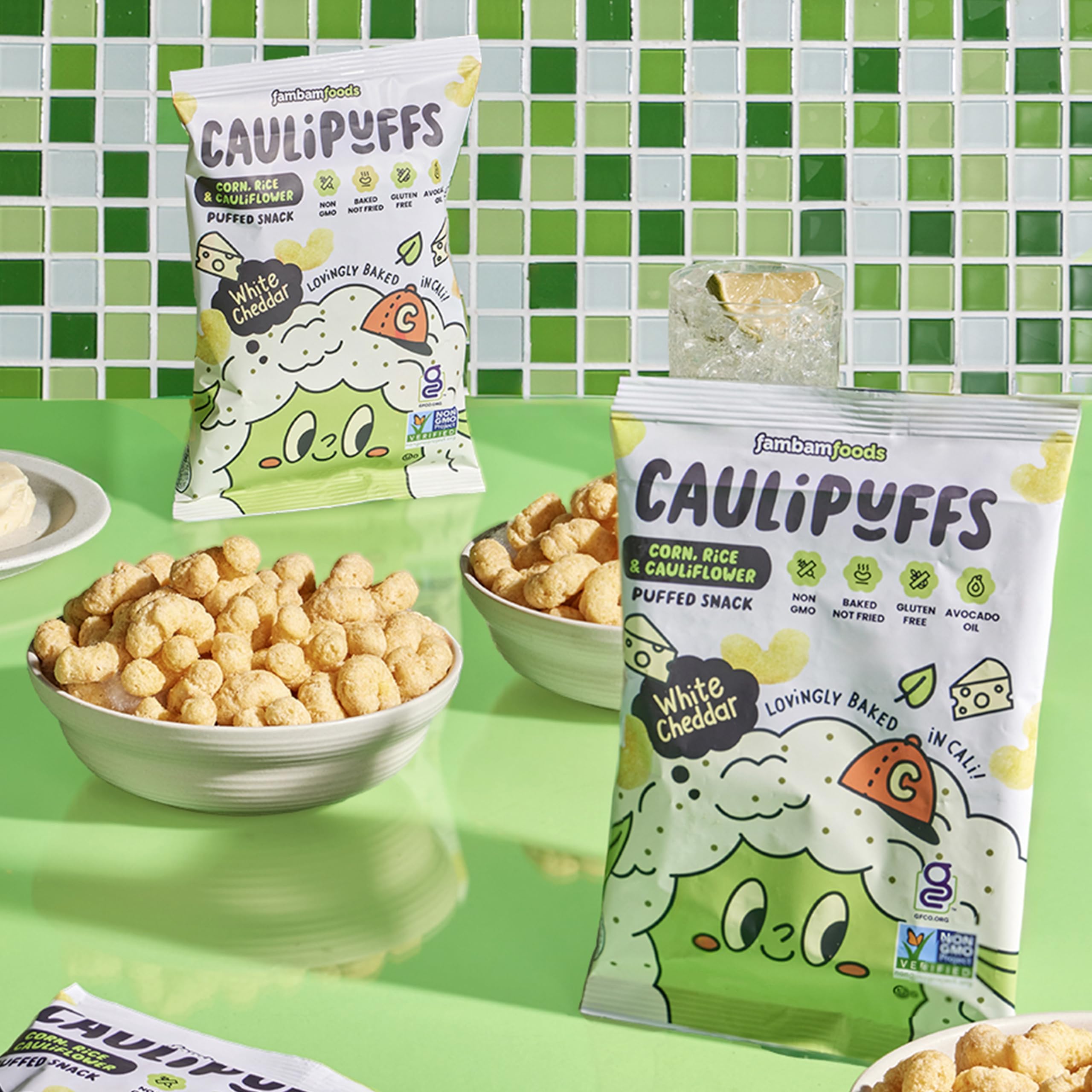 Serving bowl of Caulipuffs White Cheddar ready for a party or movie night.