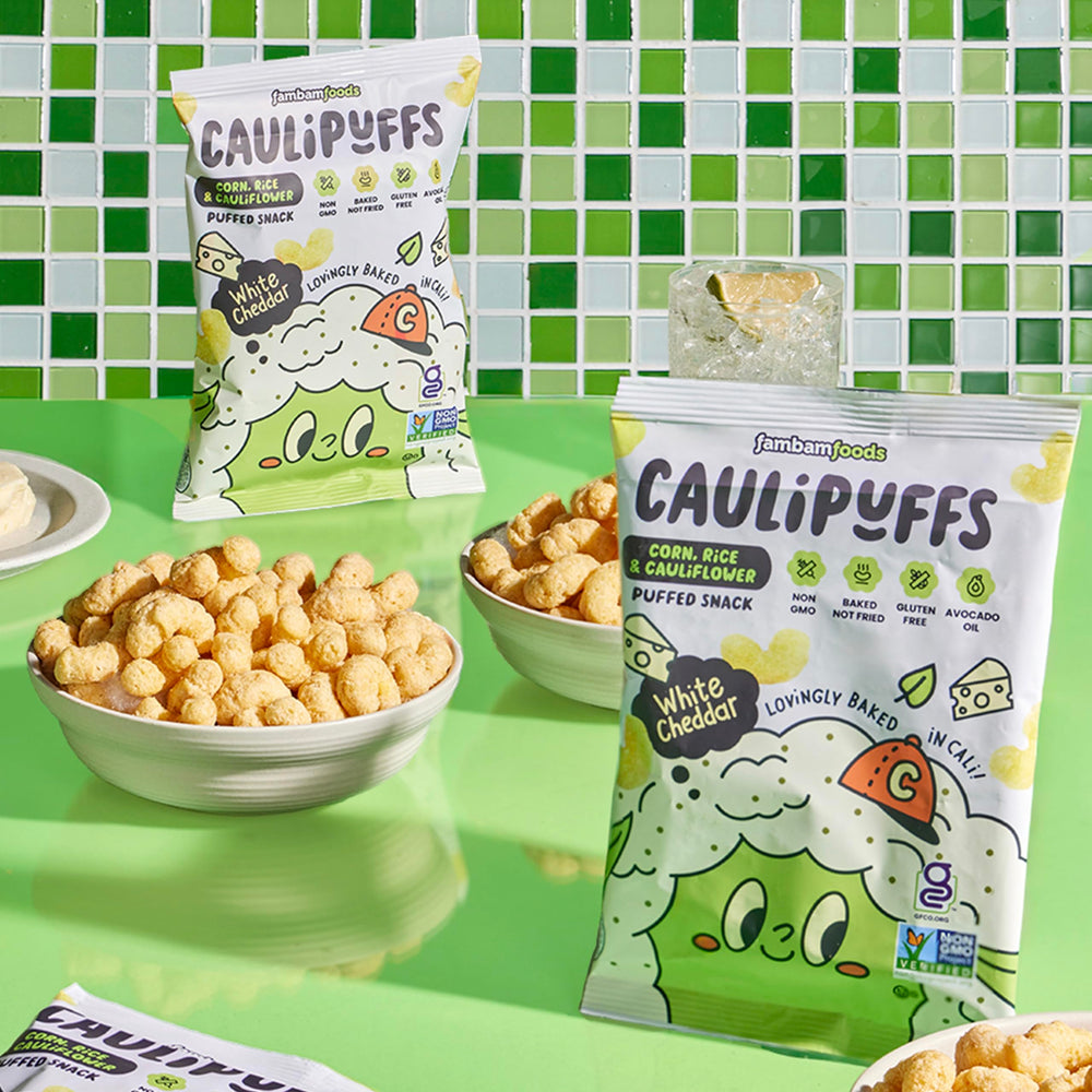 Serving bowl of Caulipuffs White Cheddar ready for a party or movie night.
