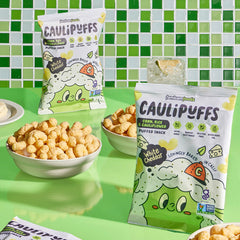 Serving bowl of Caulipuffs White Cheddar ready for a party or movie night.