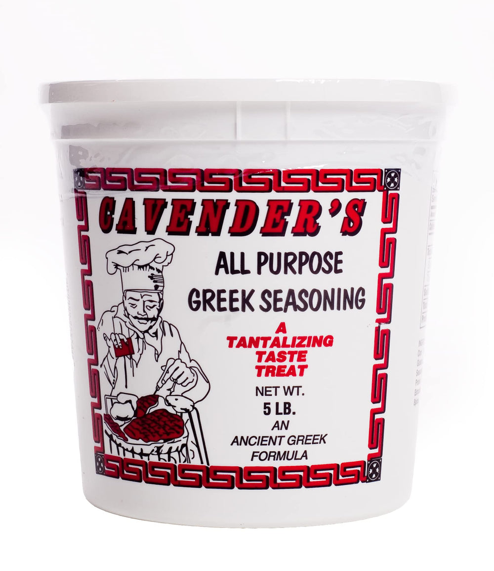 Cavender's All Purpose Greek Seasoning 5lb tub ready for grilling enhances meats with vibrant flavor.