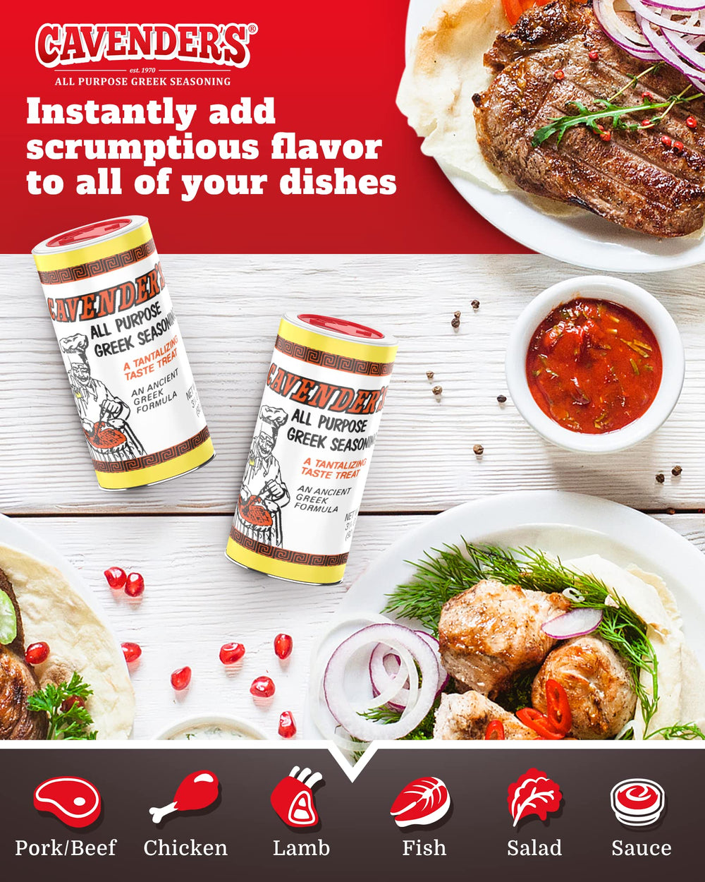 Closeup of Cavender's Greek Seasoning spices, adding savory depth to dishes.