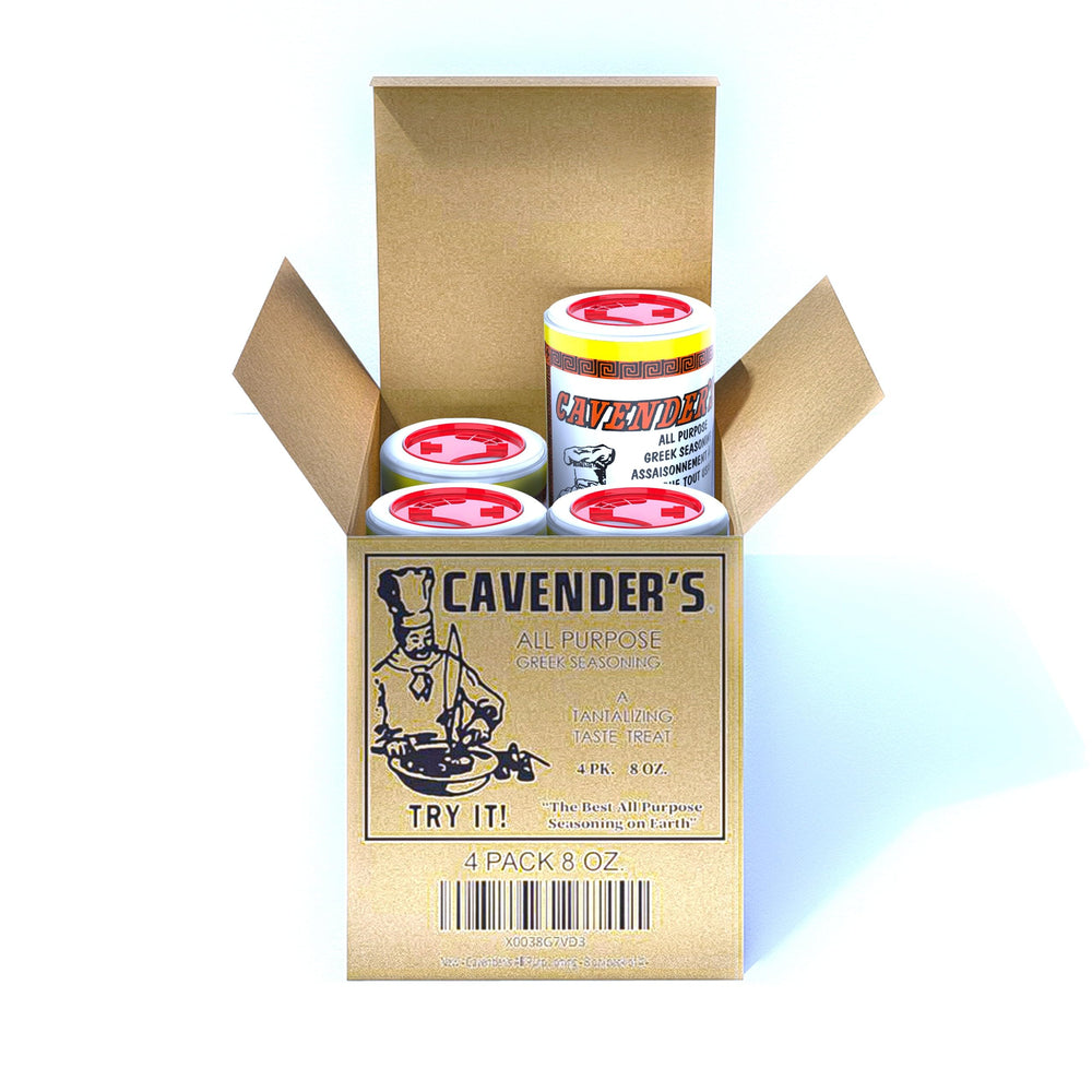 Cavender's Greek Seasoning four-pack box on shelf adds versatile flavor to meals.