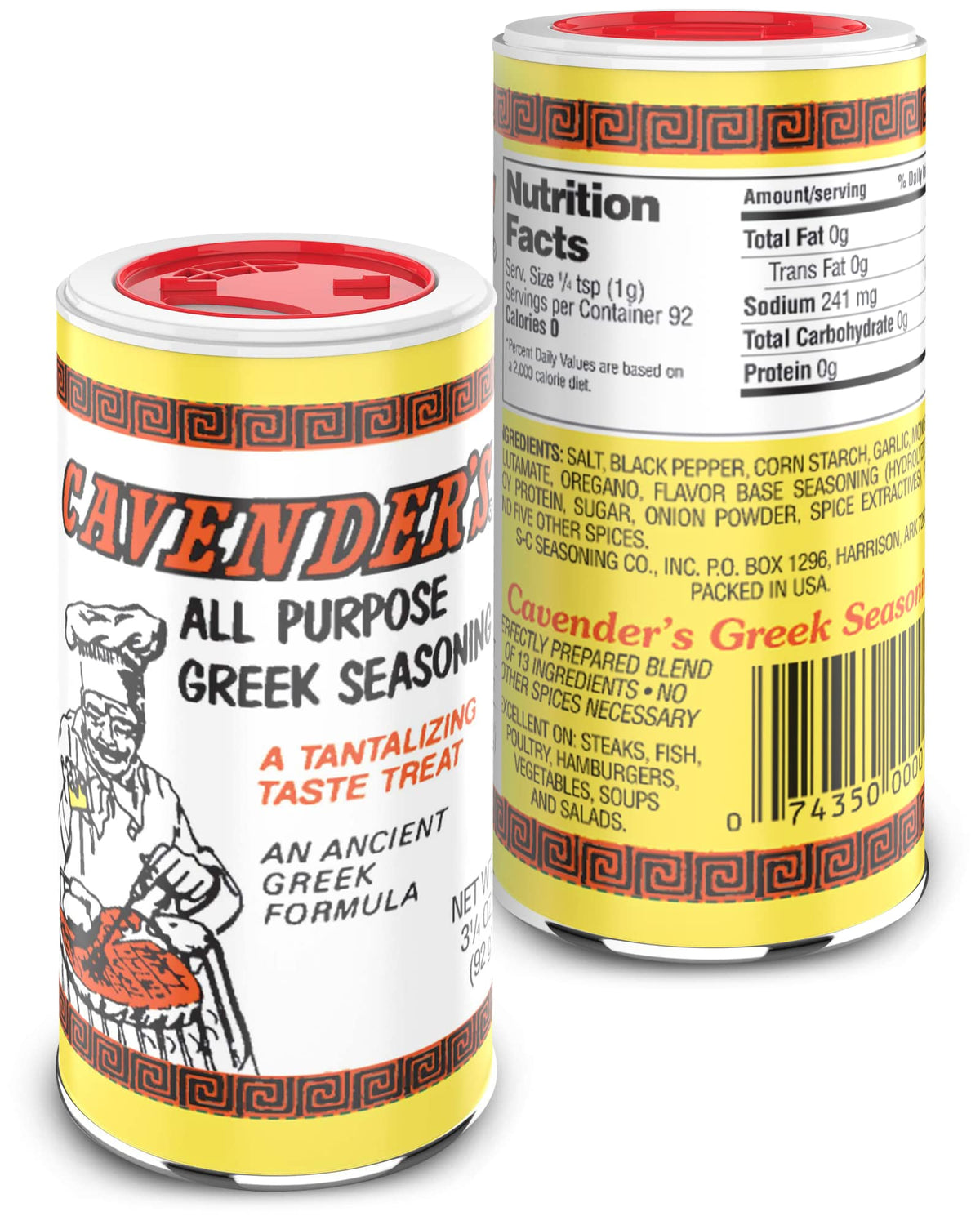 Cavender's Greek Seasoning jar label on a shelf, a versatile spice for everyday cooking.