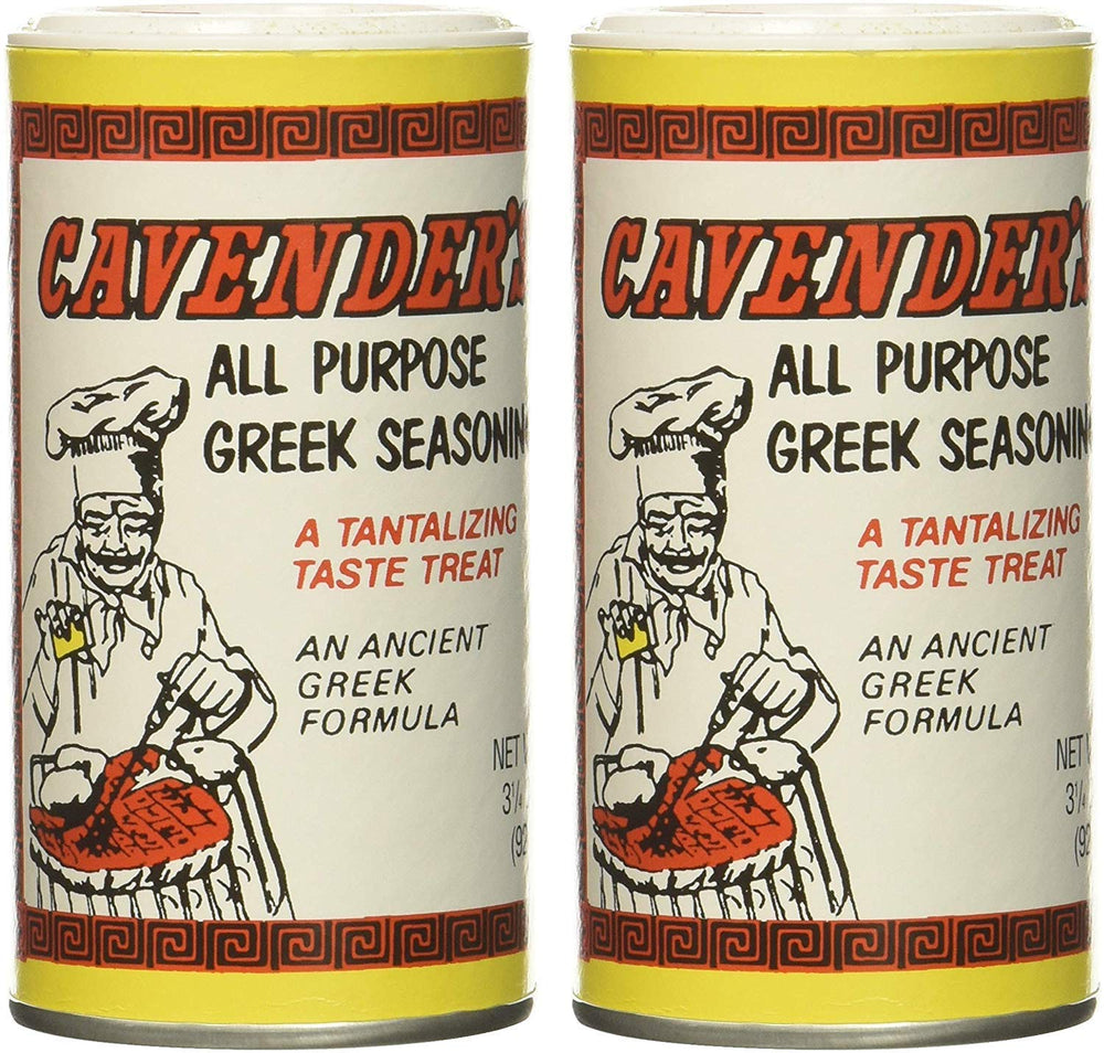 Cavender's Greek Seasoning jar on counter ready to elevate seafood and vegetables.