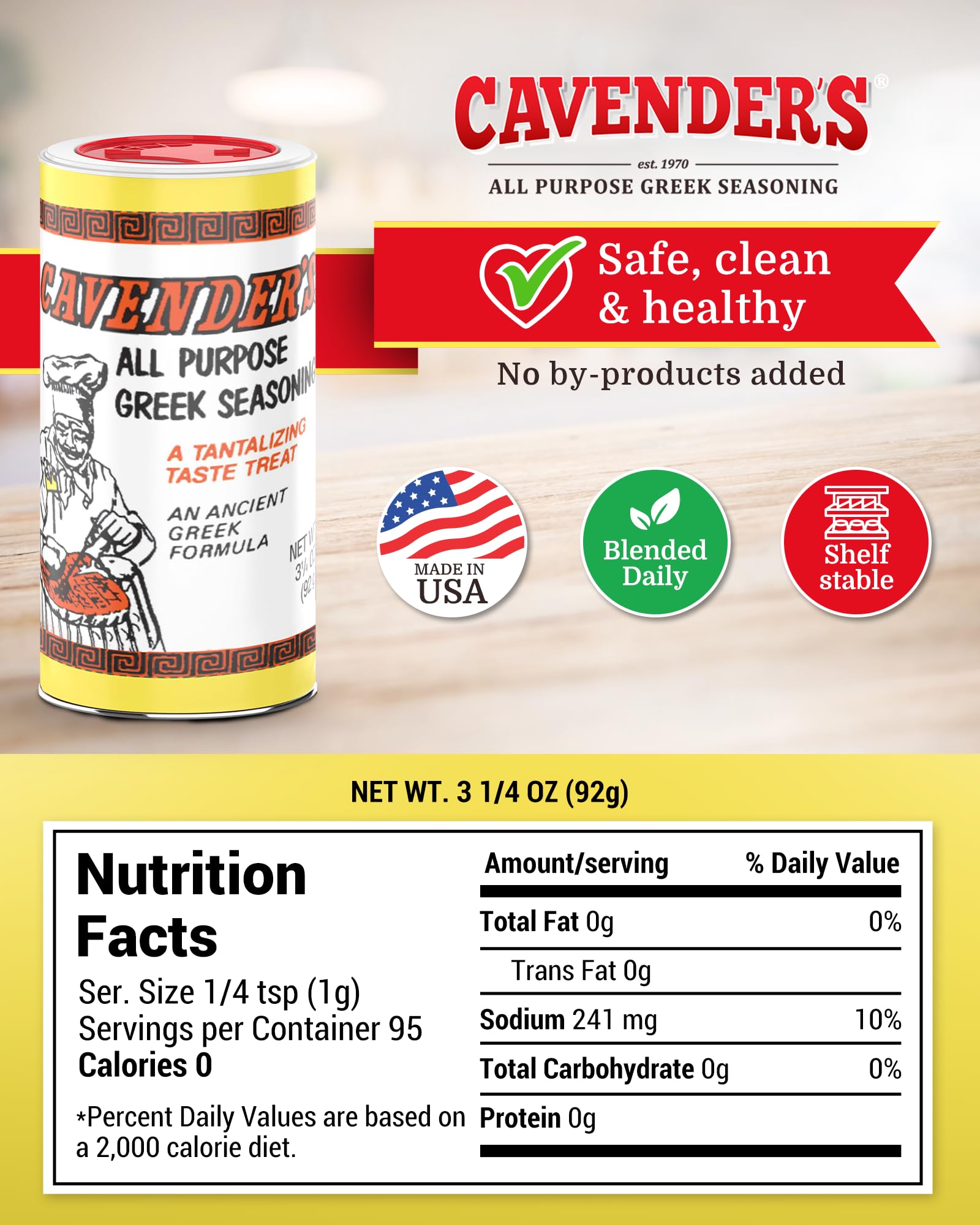 Ozark-origin Cavender's Greek Seasoning signals heritage and craft.