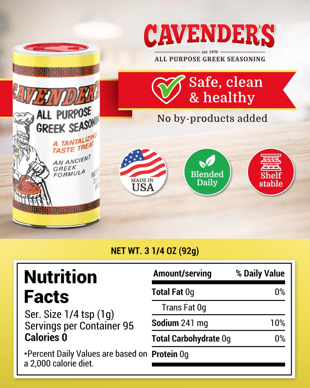 Ozark-origin Cavender's Greek Seasoning signals heritage and craft.